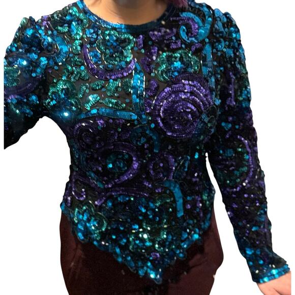 Laurence Kazar Vintage Whimsigoth Fairy Core Sz L 100% Silk Sequin Blue Purple - Picture 1 of 8
